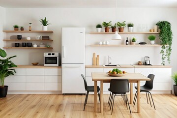 Fototapeta premium White scandinavian kitchen interior with dining room and wooden floor. Simply furniture with utensils, shelves with crockery and plants in pot, refrigerator in modern minimal design