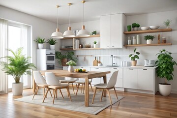 White scandinavian kitchen interior with dining room and wooden floor. Simply furniture with utensils, shelves with crockery and plants in pot, refrigerator in modern minimal design