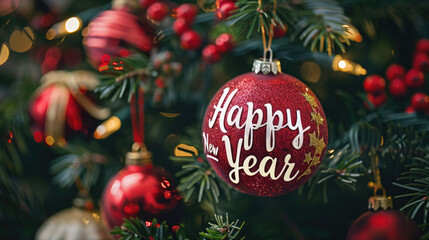 A festive Christmas tree decorated with red and gold baubles with the words Happy New Year written on it. The background glows with warm bokeh lights, adding a joyful festive mood to the New Year.