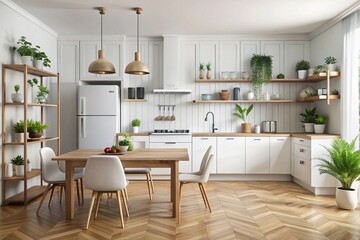 White scandinavian kitchen interior with dining room and wooden floor. Simply furniture with utensils, shelves with crockery and plants in pot, refrigerator in modern minimal design