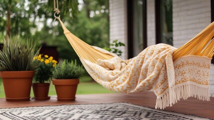 Fototapeta premium Patio with a hanging hammock, a cozy blanket, and potted plants