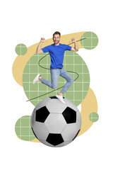 Vertical artwork collage of excited mini guy point fingers himself huge football isolated on creative beige background