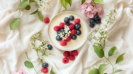 Naklejka premium A bowl of yogurt topped with fresh berries and flowers, set on a soft fabric background.