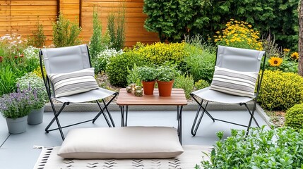 Patio with a low table, two folding chairs, and potted herbs
