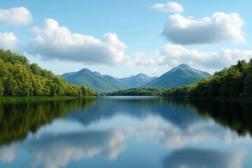 Fototapeta premium Tranquil Serenity: A Photo-realistic Reflection of Peaceful Nature, Calming Lake Rhythms