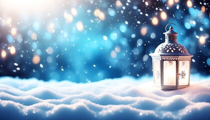 Christmas Lantern Glow with softly glowing lights and a snowy background. Made with Generative AI Technology