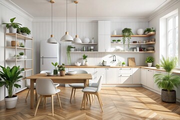 White scandinavian kitchen interior with dining room and wooden floor. Simply furniture with utensils, shelves with crockery and plants in pot, refrigerator in modern minimal design