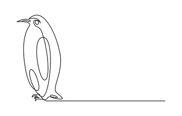 Penguin continuous one line art drawing of vector, One line penguin, sketch. Outline monochrome vector illustration of polar animal isolated on white background,