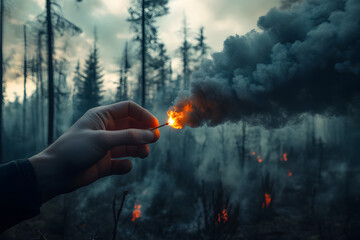 Hand lighting match in smoky forest fire background, wildfire ignition, environmental disaster, human impact on nature, deforestation danger, fire hazard, climate change awareness