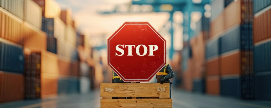 Customs officers blocking a cargo ship with a giant red stop sign, illustrating harsh export control measures, Export control, Trade barriers enforcement