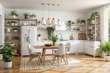 White scandinavian kitchen interior with dining room and wooden floor. Simply furniture with utensils, shelves with crockery and plants in pot, refrigerator in modern minimal design