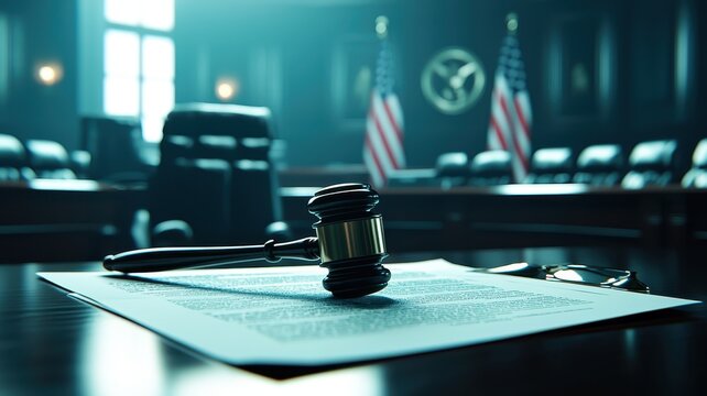 A gavel and legal documents on a courtroom table, with flags in the background.