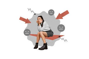 Collage photo of young sad lady wear casual outfit sit platform touch cheeks minded arrows direct abused offensive isolated on grey color background