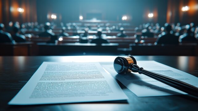 Close-up of a gavel and legal documents in a courtroom with blurred audience in the background.