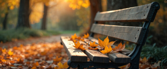 Wooden bench in autumn landscape