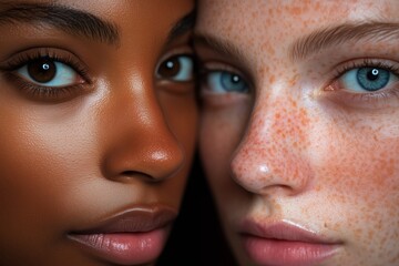 Close-up of two diverse women, highlighting smooth brown skin and freckled fair skin. Emphasizing beauty and diversity.