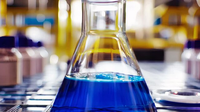 A laboratory flask filled with blue liquid, representing scientific research, chemical experiments, and laboratory equipment in a modern setting.

