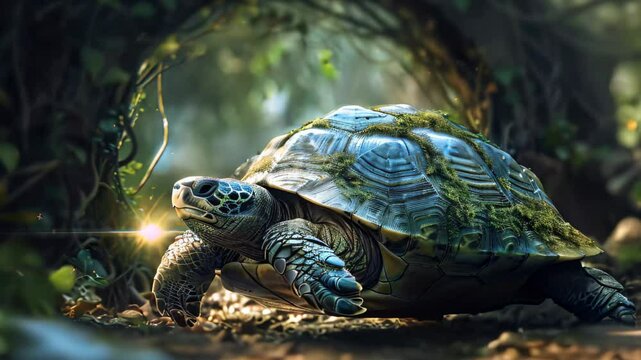 A large, moss-covered turtle walks out of a glowing portal in a dark forest, A turtle emerging from a portal to another dimension