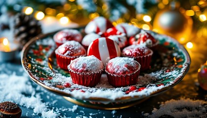 Christmas Sweets arranged on a decorative platter with a snowy backdrop and twinkling lights. Made with generative AI technology