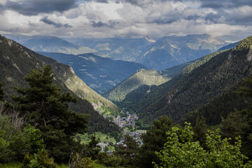 Fototapeta premium Landscape view of green mountains at summer, Arinsal, Andorra