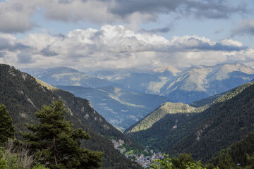 Landscape view of green mountains at summer, Arinsal, Andorra