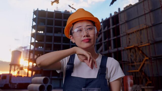 Close Up Of Asian Woman Worker Wearing Goggles And Safety Helmet Wiping The Sweat And Being Tired While Standing At Construction Site