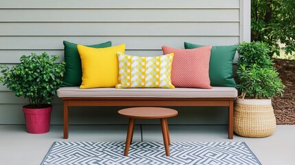 Patio with a simple bench, colorful outdoor pillows, and a small coffee table