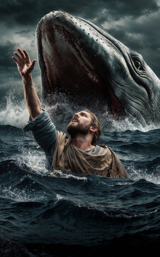 Jonah and the Whale. Jonah drowning after he fell off the ship when trying to flee from god. Then a whale came and swallowed Jonah. Symbolizing: Reluctance, Wrath, Fasting, Sackcloth, Faith