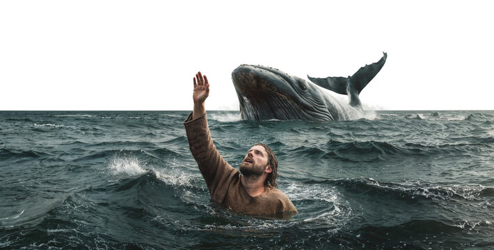 Jonah and the Whale. Jonah drowning after he fell off the ship when trying to flee from god. Then a whale came and swallowed Jonah. Symbolizing: Warning, Transformation, Sovereignty, Grace, Mission