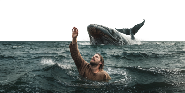 Jonah and the Whale. Jonah drowning after he fell off the ship when trying to flee from god. Then a whale came and swallowed Jonah. Symbolizing: Warning, Transformation, Sovereignty, Grace, Mission