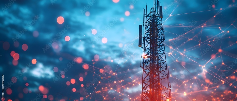 Poster visualizing the interconnected mobile communication infrastructure of the digital age with photograp