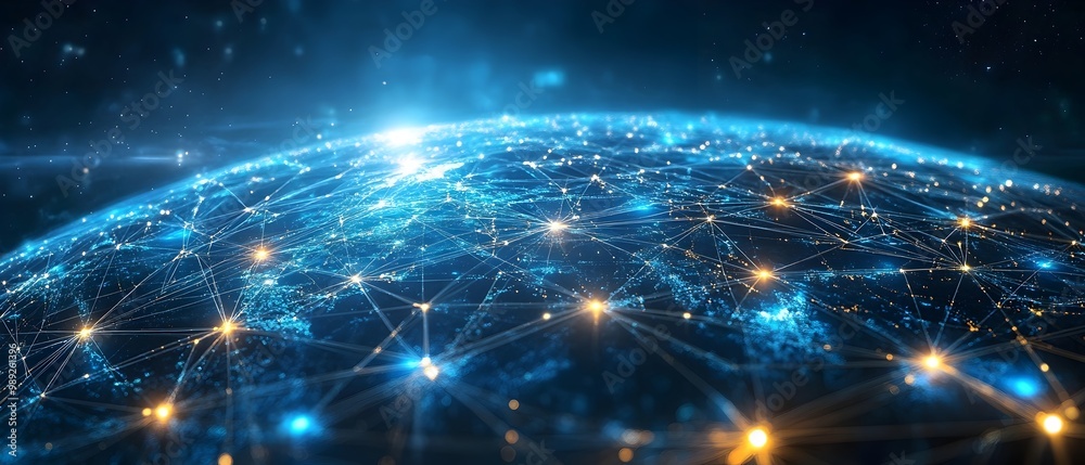 Poster visualizing the intricate global network of telecommunication infrastructure and digital connectivit