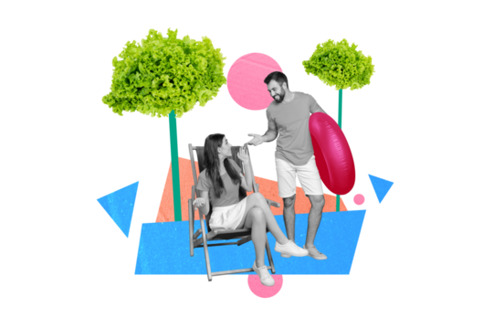 Creative poster banner collage of wife husband have summer honeymoon speak while chill on chaise lounge swim in sea with ring - Powered by Adobe