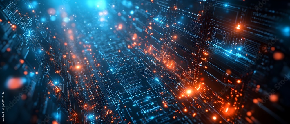 Poster futuristic telecommunication infrastructure with the flow of data across physical and digital networ