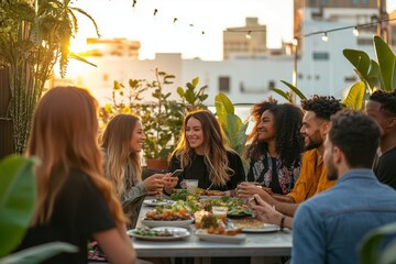 A group of friends sharing a meal and laughter at an outdoor restaurant during a beautiful sunset.
