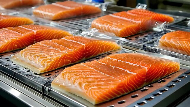 Fresh salmon fillets neatly packaged on trays, showcasing premium seafood ready for distribution, emphasizing quality, nutrition, and healthy eating.

