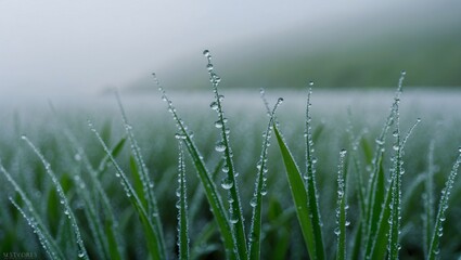 Dewy Grass Blades in a Misty Landscape