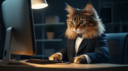 A cute fluffy cat wearing business suit is sitting at an office desk, working on a computer, modern office