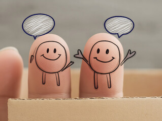 Cartoon faces on fingers, creative hand art, happy characters, finger doodles, fun communication concept, social interaction, playful drawing, finger puppets, friendly illustration

