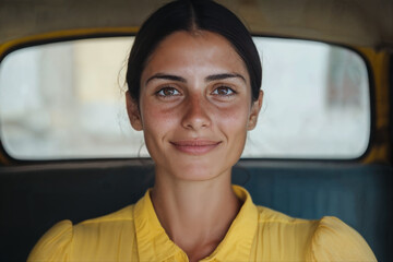 Woman in Yellow Shirt Smiling Inside a Car