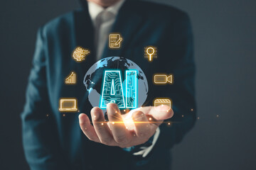 Ai generates creation content concepts. Man's hand hold AI icon technology, Marketers education,...