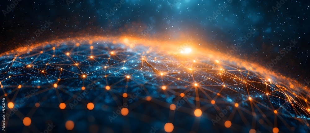 Poster futuristic global communication technology network with illuminated digital data structures and infr