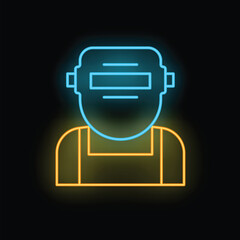 Neon sign glowing on a dark background depicting a welder wearing a protective mask and overalls