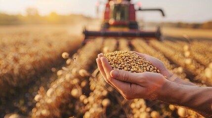 Soybean seeds in the hands of a young farmer with a combine harvester working in a soybean field.
