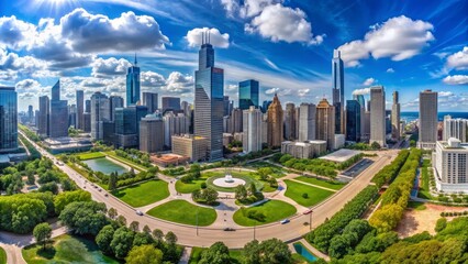 Aerial view of a modern city skyline with skyscrapers rising above a lush green park on a sunny day with puffy white clouds