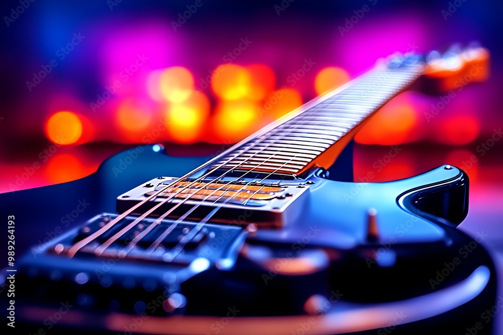 Wall mural a close-up of an electric guitarâ€™s strings and frets, with a soft focus on the background of a col