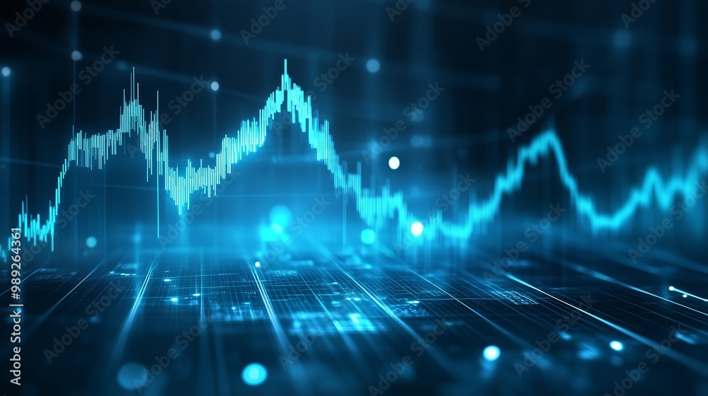 Poster data visualization representing fluctuating market trends with dynamic graphs in a digital environme
