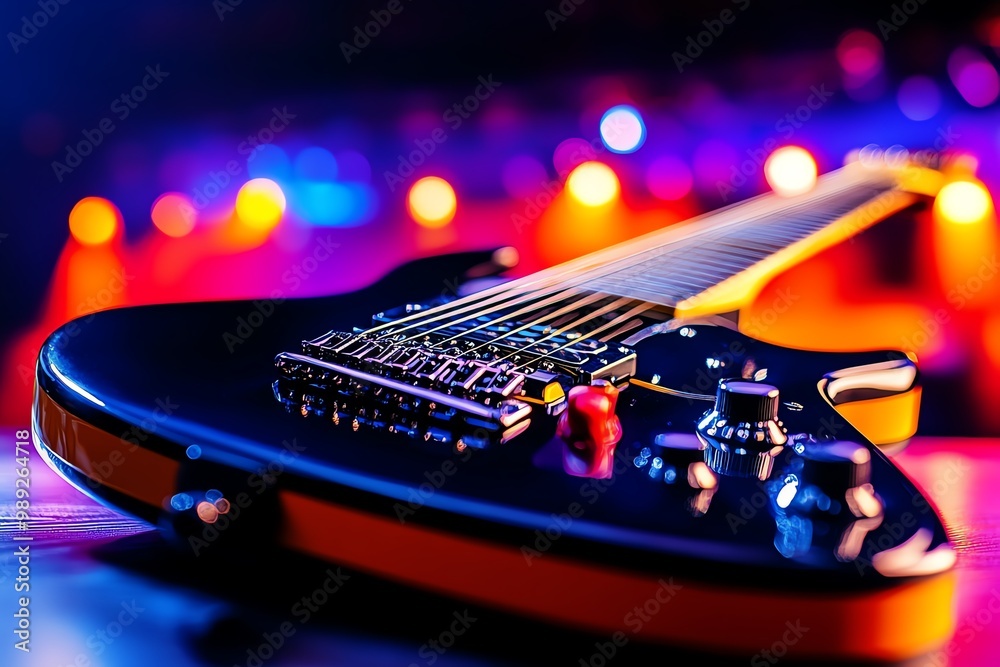 Wall mural a close-up of an electric guitarâ€™s strings and frets, with a soft focus on the background of a col