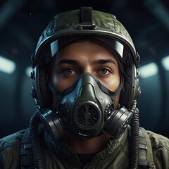 A highly detailed illustration of a person seated in the cockpit of a fighter jet wearing a gas mask,generative ai