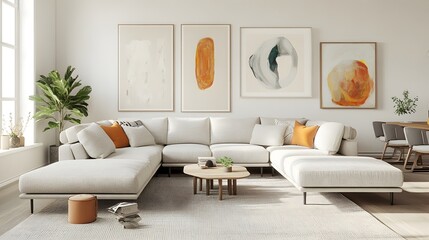 Spacious and Tranquil Open Concept Living Room Showcasing a Linen Upholstered U Shaped Sectional Mid Century Inspired Furniture and a Gallery Wall of Abstract Art